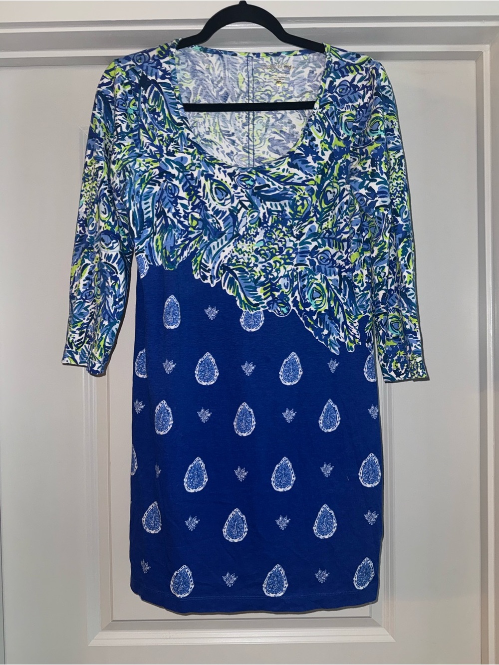 Lilly Pulitzer Blue, Navy & Lime Floral Scoop-Neck Dress